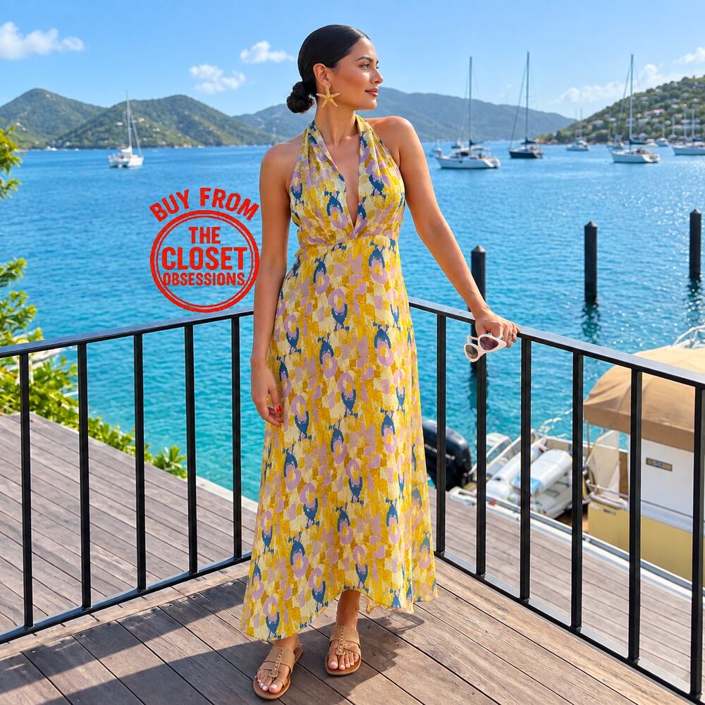 ZARA Yellow Floral Halter Maxi Dress NWT Open Back Vacation Resort Dress M